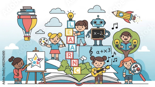 Children learning and playing with educational elements a vibrant illustration of creativity knowledge and imagination for school and childhood concepts