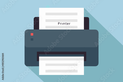 Flat design illustration of a gray printer with printed papers