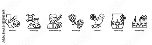 Clinical Specialties web banner icon illustration concept with an icon of Podiatry,Toxicology,Anesthesiology,Audiology,Pediatric,Gynecology, And Dermatology. Line style