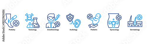 Clinical Specialties web banner icon illustration concept with an icon of Podiatry,Toxicology,Anesthesiology,Audiology,Pediatric,Gynecology, And Dermatology. Line Color style