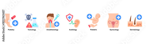 Clinical Specialties web banner icon illustration concept with an icon of Podiatry,Toxicology,Anesthesiology,Audiology,Pediatric,Gynecology, And Dermatology. Flat style