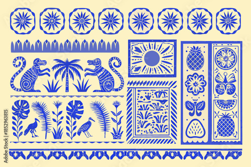 A collection of blue and white botanical and animal patterned tiles