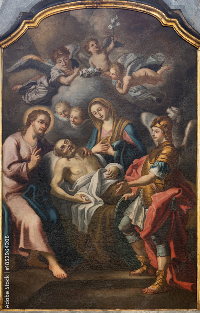 Fototapeta premium CETARA, ITALY - OCTOBER 7, 2025: The painting of Death of St. Joseph (Transito di Sasn Giueppe) in the church Chiesa di San Pietro by unknown artist from 18. cent. 
