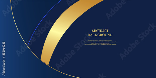 Elegant navy blue background with curved golden ribbon accents.