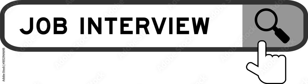 Fototapeta premium Search banner in word job interview with hand over magnifier icon on white background