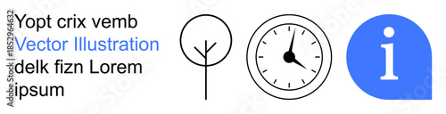 Time management, nature, ecology, guidance, education, sustainability. Simple line art a tree, clock and information icon. Time management and nature are highlighted