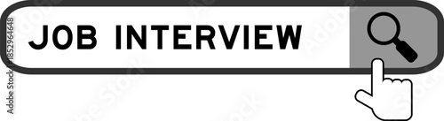 Search banner in word job interview with hand over magnifier icon on white background