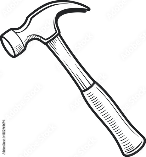 Hammer illustration in hand-drawn vector style, carpentry and construction tool, repair and DIY project concept, woodworking and craftsmanship equipment, modern workshop design.