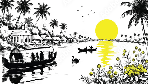 Black and white hand-drawn illustration of tropical backwaters with houseboat, palm trees, canoes, and yellow sun.