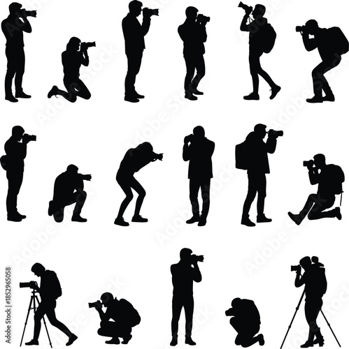 Photographer silhouettes set showing diverse professional shooting poses with cameras and tripods black vector illustration isolated on white background studio