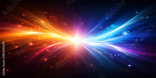 Celestial Collision: An abstract and colorful depiction of a dynamic energy burst, vibrant streams of light converge and radiate outwards, showcasing the concept of cosmic events.