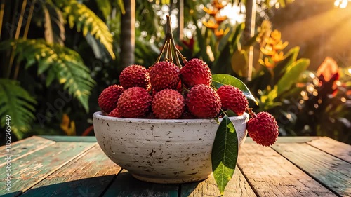 Golden hour close-up shot of a ceramic bowl filled with freshly picked lychees sitting on a wooden patio table surrounded by lush out-of-focus tropical foliage focus, surrounded, snack