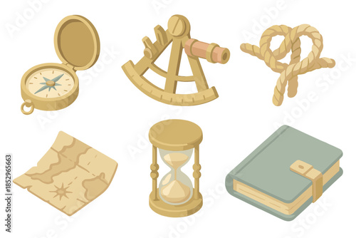 Vintage Navigator Tools. Isometric vector illustration set Old Navigator Tools: brass compass, sextant, rope knot, aged map corner