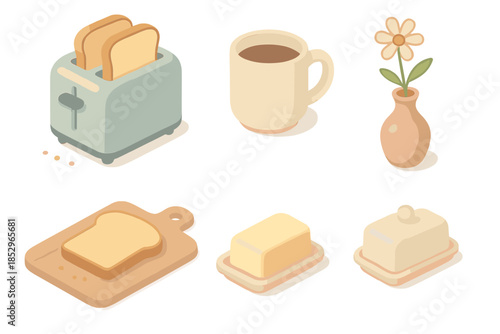 Morning Bread Ritual. Isometric vector illustration set Morning Bread Ritual: toaster with slices, coffee mug, cutting board,