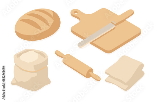 Fresh Bread Essentials. Isometric vector illustration set Fresh Bread Kitchen: loaf of sourdough, wooden cutting board, bread