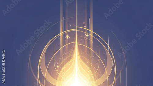 Abstract golden light flare with concentric circles and glowing particles representing energy and spirituality on a dark blue background