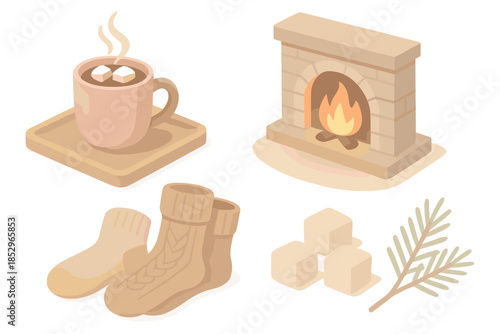 Fireside Chocolate Bliss. Isometric vector illustration set Fireside Chocolate Bliss: mug on tray, soft firelight reflection,
