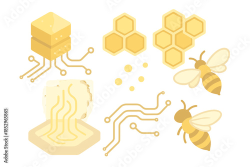 Digital Honey Architecture. Isometric vector illustration set Digital Honey Architecture: golden data cells, hive framework,