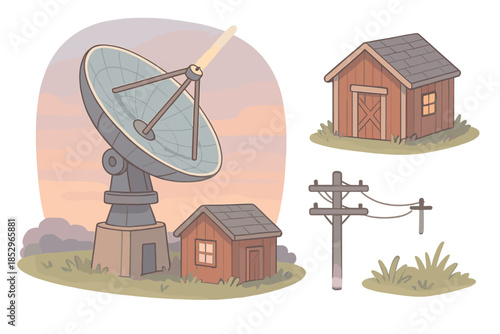 Cosmic Signal Station. Isometric vector illustration set Cosmic Signal Station: rotating dish array, small barn control room,