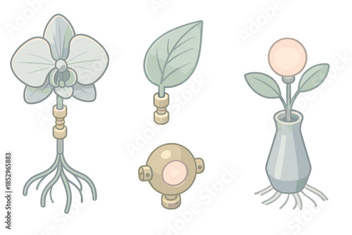 Botanical Machine Hybrid. Isometric vector illustration set Botanical Machine Hybrid: chrome orchid, mechanical leaf, brass screw