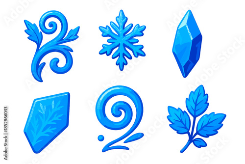 Frosty Winter Icons. Isometric vector illustration set Frost Windowpane: frosted vine, icy shard, delicate snowflake, glass frost