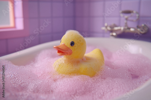 Yellow rubber duck swimming in a bath filled with pinkish foam. Cartoon fantasy candy style illustration. 