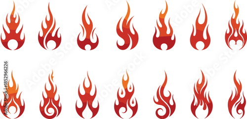 Stylized fire flame icons vector illustration set with red orange burning shapes isolated on white background