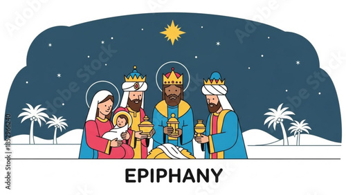 Nativity scene with the Three Wise Men presenting gifts to baby Jesus a religious illustration for Christmas and Epiphany celebrations flat design vector