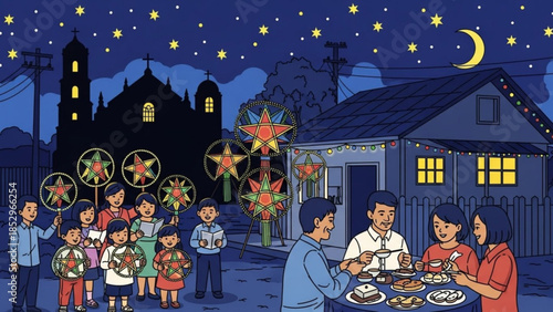 Filipino family celebrating Christmas Eve with parol lanterns and Noche Buena feast a vibrant cultural scene under a starry night sky