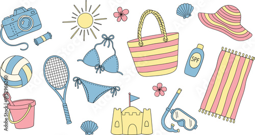Summer beach vacation objects vector set with swimwear accessories sun protection and seaside holiday elements