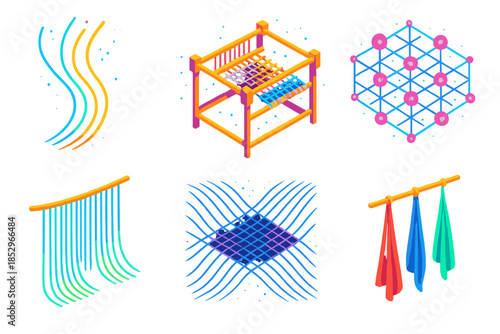 Quantum Weave Artistry. Isometric vector illustration set Quantum Loom Weave: glowing thread filaments, floating loom frame, woven