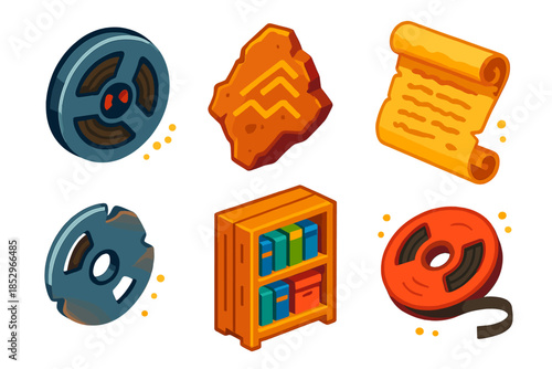 Archaeologic Audio Tape Icons. Isometric vector illustration set Archaeologic Audio Tape: magnetic reel, ancient artifact shard,