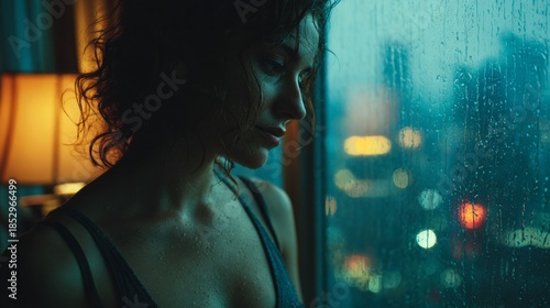A woman stands at a rain-streaked window, lost in thought. A lamp glows softly, casting a warm light against the cool cityscape outside