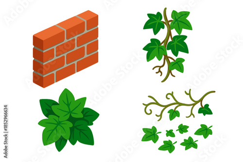 Red Brick Ivy. Isometric vector illustration set Brick Wall Ivy: red brick wall, climbing ivy vines, green leaves cluster, mortar