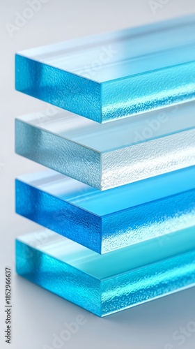 Abstract stack of translucent blue glass or acrylic blocks. Perfect for technology blogs, architectural design sites, or business articles on transparency, structure, and cooling systems.