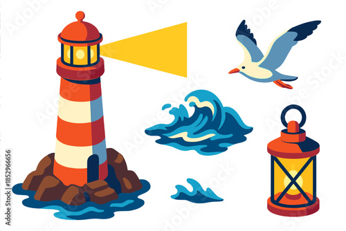 Lighthouse Beacon Icons. Isometric vector illustration set Lighthouse Beacon: tall lighthouse tower, glowing beacon light, rocky