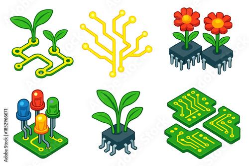 Circuit Board Garden. Isometric vector illustration set Circuit Board Garden: tiny plant sprouts, glowing circuit lines, microchip
