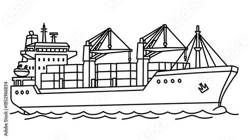 Cargo Ship Coloring Page Showing Industrial Transport with Clean Line Art