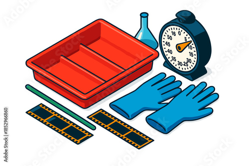 Developer Tray Elements. Isometric vector illustration set Developer Tray Narrative: tray with chemical compartments, film