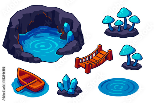 Subterranean Ocean Adventure. Isometric vector illustration set Subterranean Ocean Map: cavernous underground pool, rope bridge,