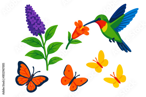 Butterfly Bush Beauty. Isometric vector illustration set Butterfly Bush Hummingbird: flowering shrub, hovering bird, nectar-filled