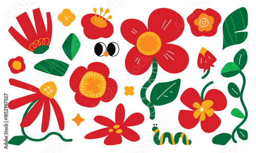 Colorful flowers and green leaves in a hand-drawn style. Garden doodle for growing, displaying, and enjoying plants like flowers, leaves, worm and natural elements with design.

