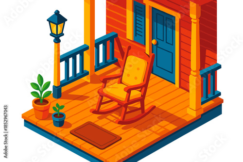 Colorful Porch Scene. Isometric vector illustration set Rocking Chair Porch: traditional wooden porch, rocking chair with cushion,