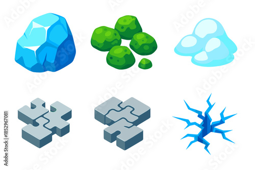 Glacial Stones Puzzle. Isometric vector illustration set Glacial Erratic Puzzle: icy boulder, scattered mossy rocks, puzzle-like