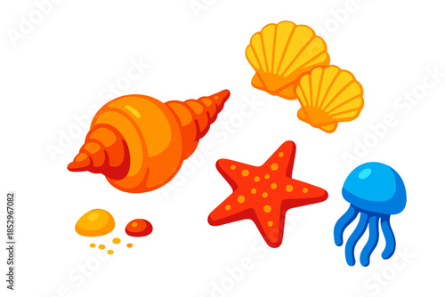 Colorful Seashell Collection. Isometric vector illustration set Seashell Collection: spiral conch, scallop cluster, starfish, sand