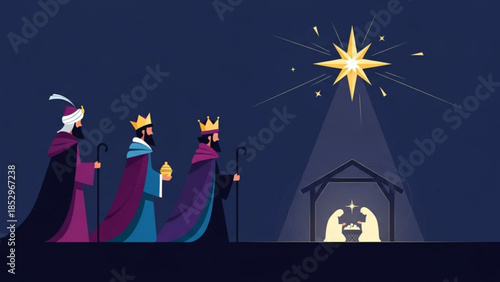 Three wise men following the star of Bethlehem to the nativity scene flat vector illustration for Christmas and religious concepts