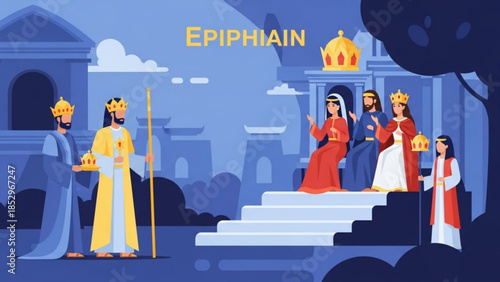 Biblical scene of Epiphany with kings and queens in regal attire representing a religious holiday concept illustrated in a flat design style