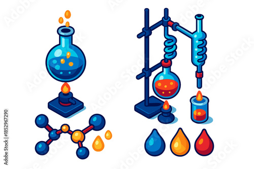 Vibrant Lab Distillation Icons. Isometric vector illustration set Molecular Distillation Art: laboratory glassware, distillation