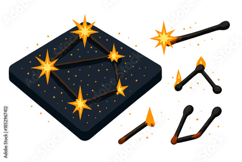 Burnt Matchstick Constellation. Isometric vector illustration set Burnt Matchstick Constellation: matchstick constellation pattern