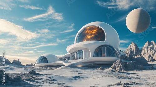 Modern futuristic house with minimalist architecture in alien landscape.